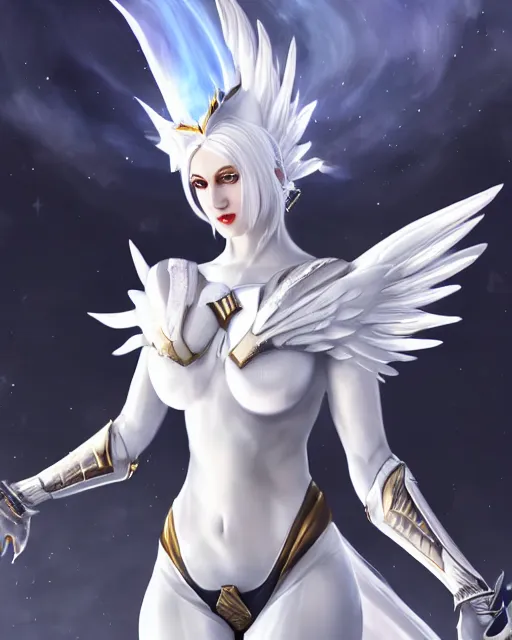 Image similar to perfect white haired egyptian goddess wearing white dove wings, warframe armor, regal, attractive, ornate, sultry, beautiful, ice queen, half asian, pretty face, blue eyes, detailed, scifi platform, 4 k, ultra realistic, epic lighting, android body, illuminated, cinematic, masterpiece, art by akihito tsukushi, voidstar