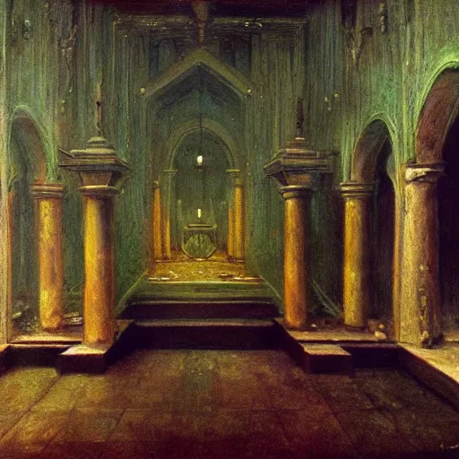 Prompt: sanctuary of a high priestess of cthulhu 1 8 8 6. medium is oil on wood. by arnold bocklin. highly detailed. trending on arstation. postprocessing.