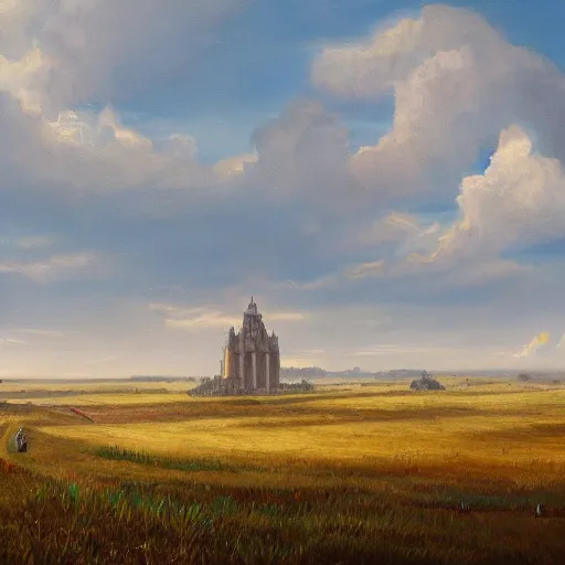 Image similar to painting of a vast field in a large medieval kingdom, dirt paths in various directions and a temple and a large castle visible in the distance, trending on artstation