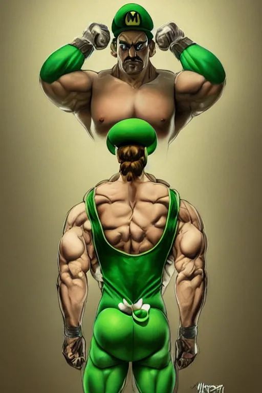 Image similar to muscular luigi wearing a green jumpsuit by ilya kuvshinov, bodybuilder ernest khalimov, super mario bros symmetrical face concept art, hyper realistic, intricate, elegent, highly detailed, digital painting, concept art, smooth, sharp, focus, illustration, art by artgerm and greg rutkowski and alphonse mucha, artstation