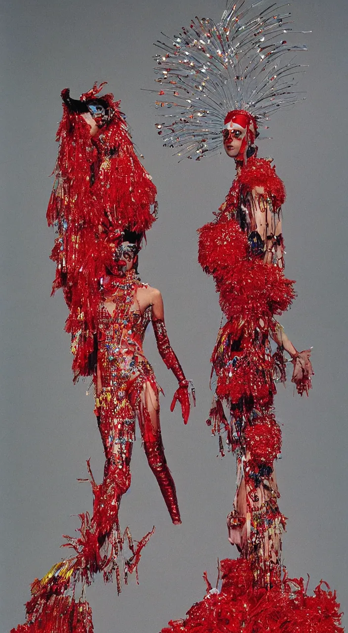 Prompt: a fashion character design wearing a red sequined bodysuit, beads hanging over her face like an alexander mcqueen headdress, costume by eiko ishioka, haute couture by moebius, steven outram, colorful and psychedelic