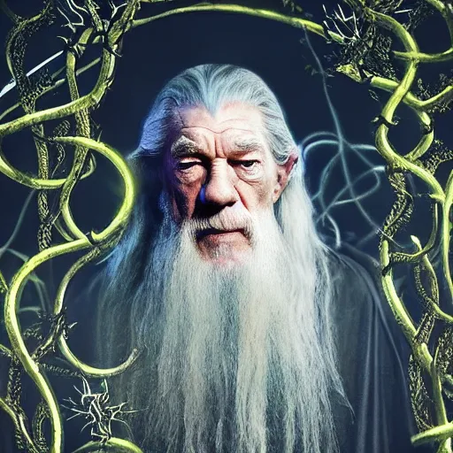 Image similar to the evil ian mckellen as gandalf in a dark viking hood playing odin all father crafting the plant of life with vines, the ethereal colourful universe in the background, highly detailed, cinematic shot, cinematic lighting, 8 k, exquisit facial detail, magical realism painting, chiaroscuro, dark painting.