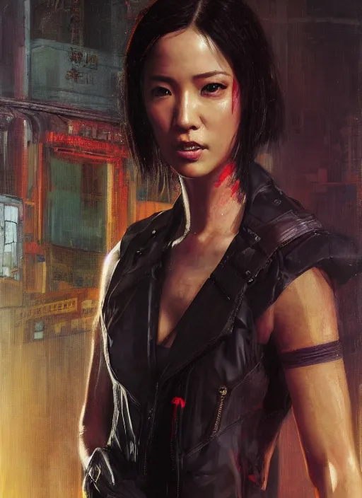 Prompt: Nikki Tanaka. Cyberpunk hitwoman in fashionable clothes (blade runner 2049, cyberpunk 2077). Orientalist portrait by john william waterhouse and James Gurney and Theodore Ralli and Nasreddine Dinet, oil on canvas. Cinematic, hyper realism, realistic proportions, dramatic lighting, high detail 4k