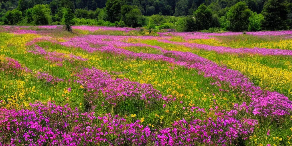 Image similar to flower meadow with lots of blooming trees, beautiful landscape