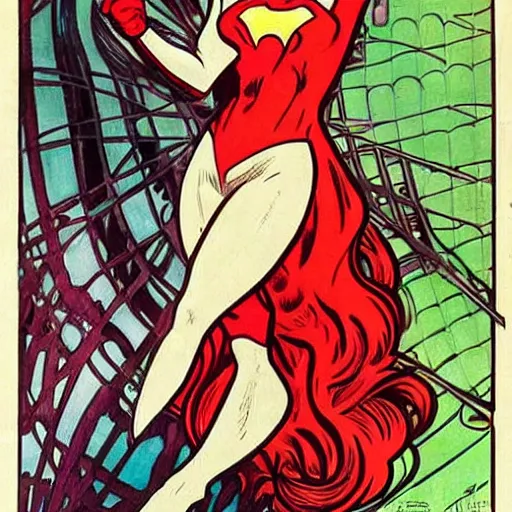 Image similar to a woman with red hair. she is a superhero, wearing a superhero costume. well composed, clean elegant painting, beautiful detailed face. retro comic book art by steve ditko and jack kirby and ( alphonse mucha )