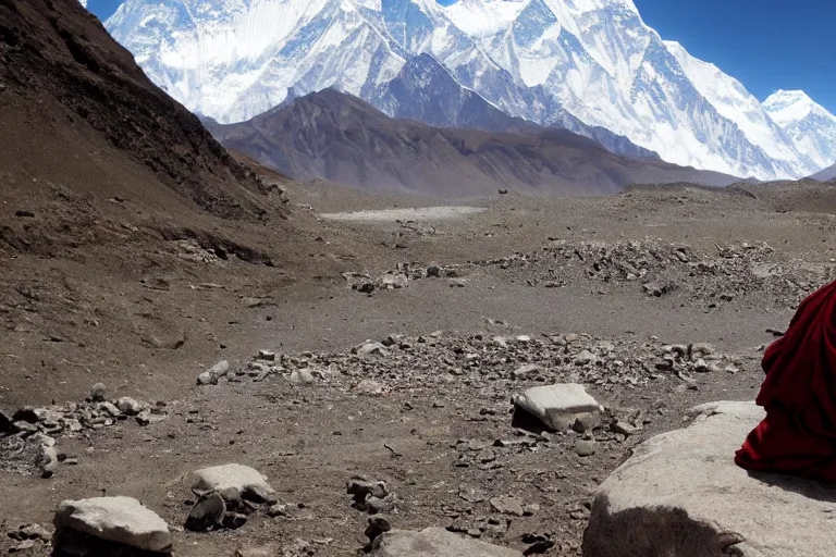 Image similar to cinematography a monk meditating in front of Mount Everest by Emmanuel Lubezki