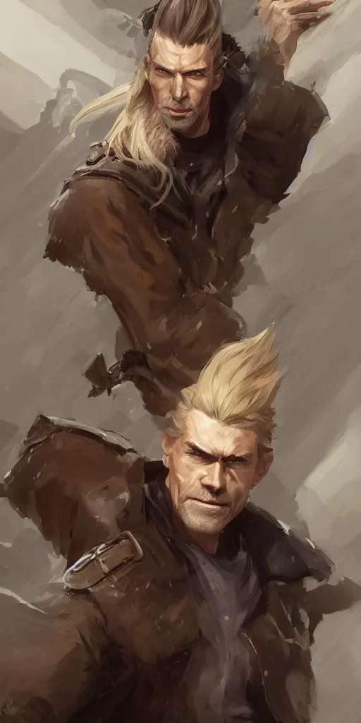 Image similar to portrait of a muscular, grim, ponytail haired blonde man in his late 30's, wearing a thick brown leather coat, looking to his side, hunter, DnD character, fantasy character, digital art by Ruan Jia, Krenz Cushart, Rossdraws and Boris Vallejo