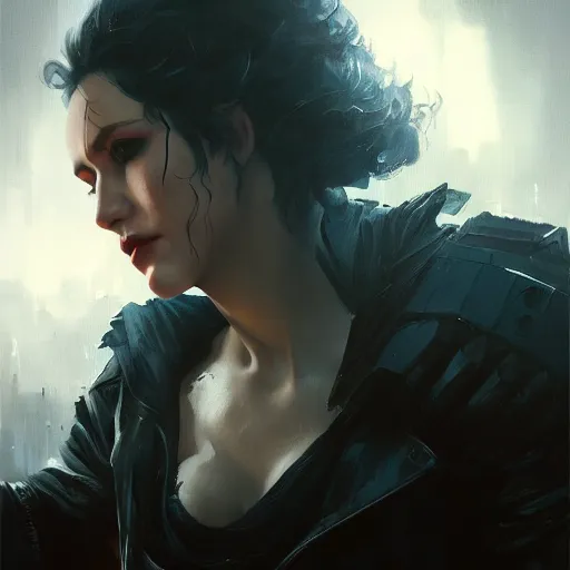 Prompt: Yennefer cyberpunk, oil painting, Tooth Wu, Greg Rutkowski, RPG portrait, dynamic lighting, fantasy art, High contrast, depth of field