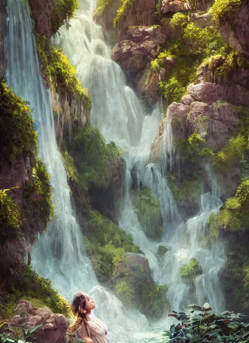 Prompt: a sage in fabrics under a waterfall in a beautiful mountainous area, in style arcane, musician, musical keyboard, hyper detailed, digital art, trending in artstation, cinematic lighting, studio quality, smooth render, unreal engine 5 rendered, octane rendered, art style by joseph christian leyendecker and wlop and krenz cushart