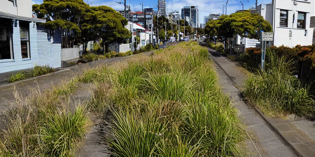 Image similar to a city street in wellington, new zealand but half of the streets have restored wetlands. new zealand flax, raupo