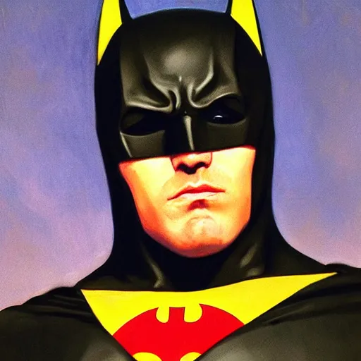 Prompt: Painting of Ben Affleck's Batman. Art by William Adolphe Bouguereau. During golden hour. Extremely detailed. Beautiful. 4K. Award-winning.