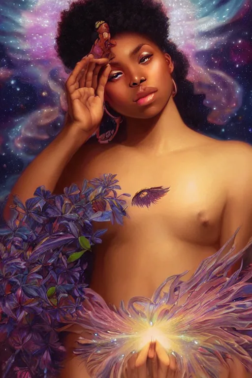 Prompt: beautiful black girl magic, nature goddess in front of nebulae bursting halos, crisp digital painting by artgerm by mucha by caravaggio and face by wlop