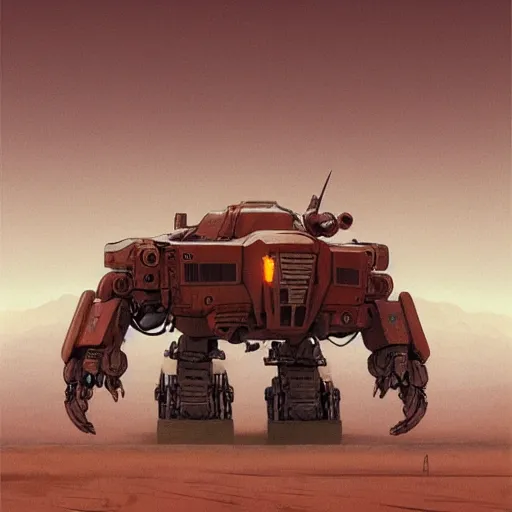 Image similar to battlemech, desertpunk, sleek, wide shot, desert background, highly detailed, digital painting, artstation, concept art, sharp focus, illustration, art by artgerm and greg rutkowski and magali villeneuve, Zdzisław Beksiński, red brown and white color scheme