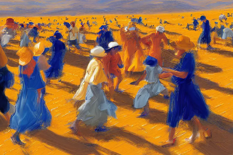 Prompt: detailed digital painting of a crowd of happy jews in the desert harvesting!! manna, yellow orange and blue color scheme, by sherree valentine daines and ross trann, trending on art station 8 k