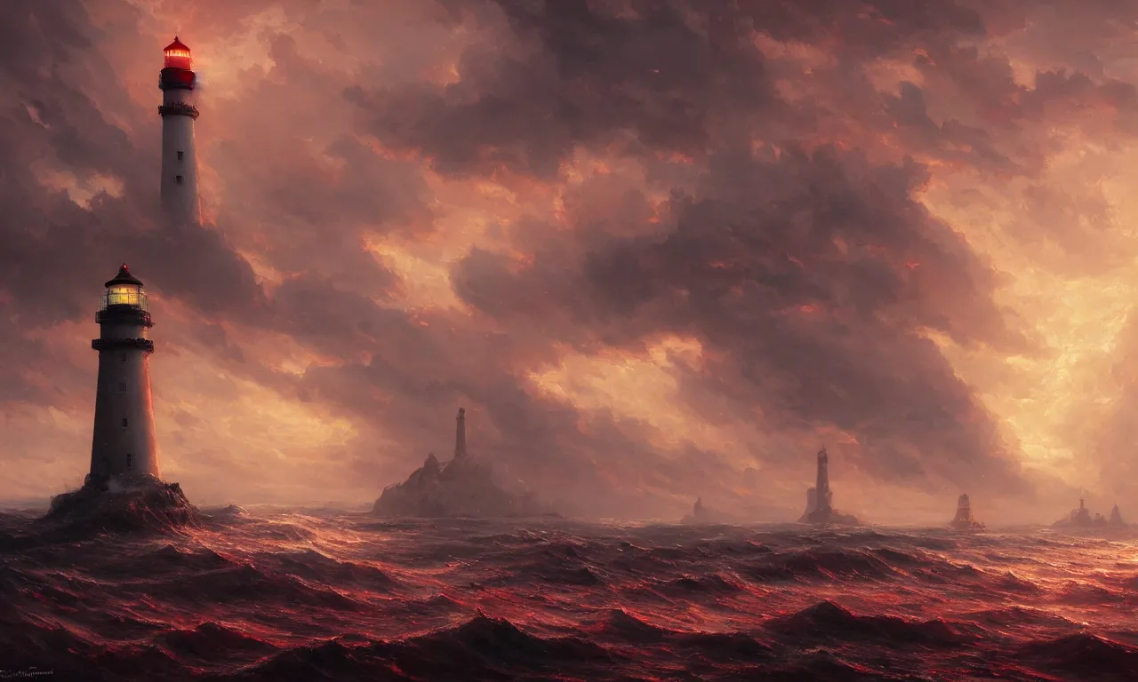 Image similar to a beautiful painting of a lighthouse seen at a distance shining it's light across a violent tumultuous sea of red blood by john blanche and greg rutkowski, trending on artstation, midjourney