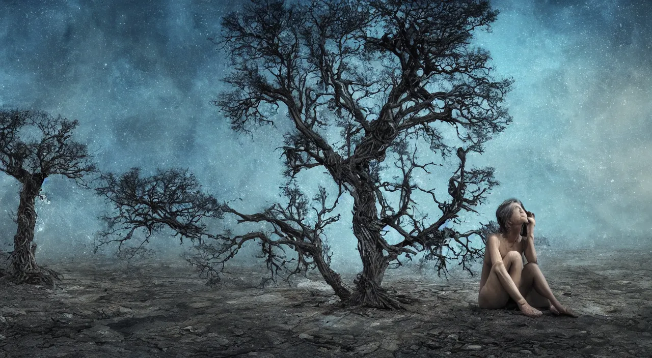 Prompt: 65-year-old tree-like Gaia Goddess crying one emotionless tear as she sits on a dried up river in a desolate land, blue sky, hot and sunny, highly-detailed, elegant, dramatic lighting, artstation, 4k, cinematic landscape, photograph by Elizabeth Gadd