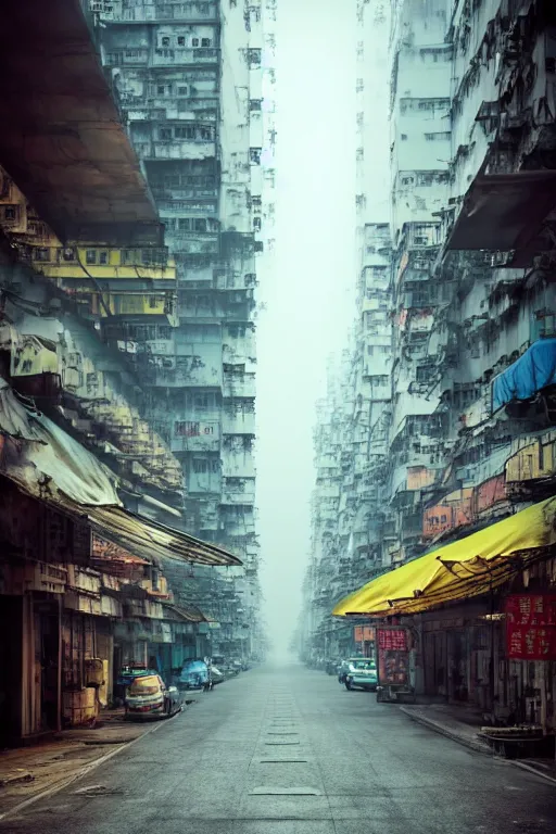 Prompt: nuclear winter, street of hong kong, near future, fantasy, sci - fi, hyper realistic, serene, morning.