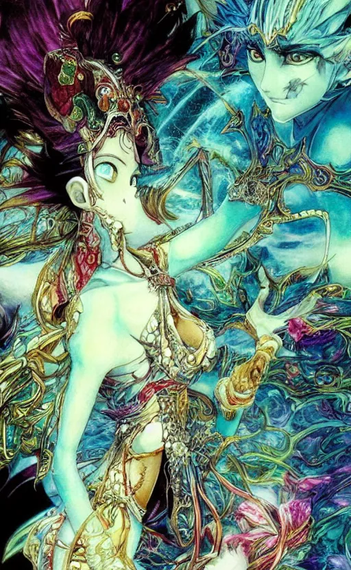 Image similar to lush, dreamlike animation still based on the art of yoshitaka amano ( final fantasy ) from 1 0 0 1 nights ( 1 9 9 8 ), dir. mike smith, hyperion studio