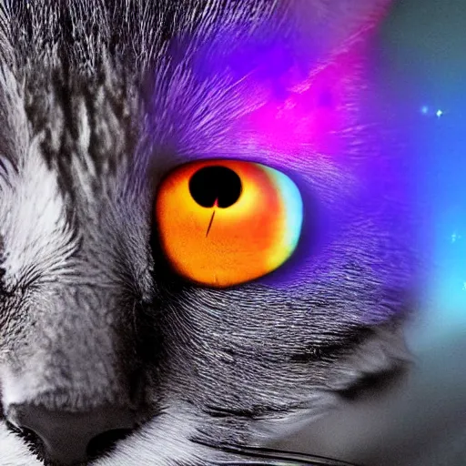 Image similar to ultra realistic nebula explosion in the eye of a cat