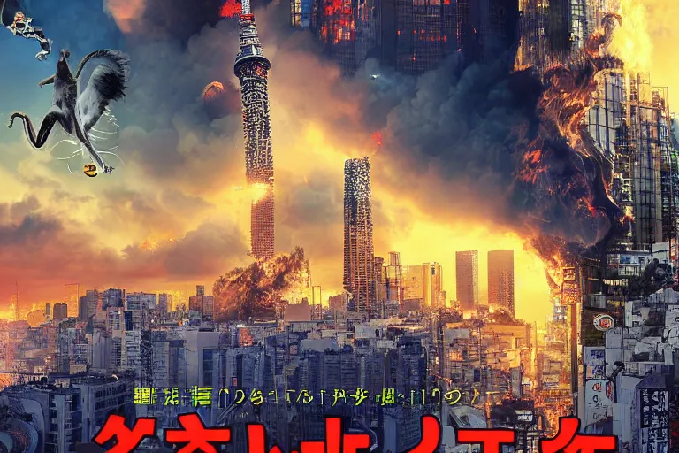 Image similar to cat attacking Tokyo, disaster movie poster, masterpiece, masterwork, cgstudio