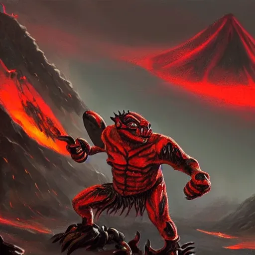 Prompt: a highly detailed red and black obsidian volcanic goblin, like magic the gathering, goblin chainwalker, with a volcano in the background ” w 7 6 8