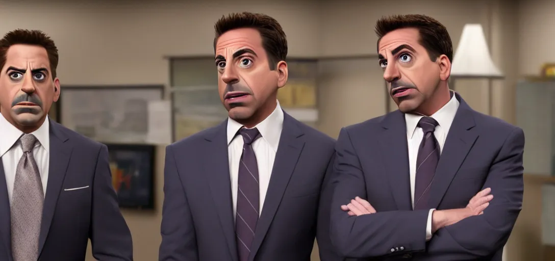 Image similar to a very high resolution image of tony stark with micheal scott. from an episode of the office. photorealistic, photography