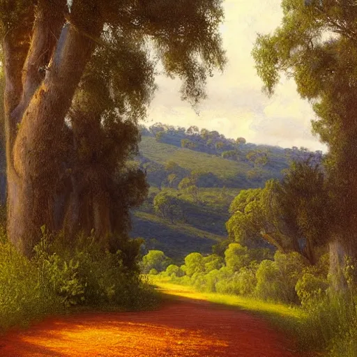 Image similar to a painting of a dirt road surrounded by oak trees and eucalyptus trees and california golden poppies, woodland hill in the distance. an oil painting by Peter Mohrbach and Mark Keathley, featured on deviantart, australian tonalism, pre-raphaelite, impressionism, detailed painting