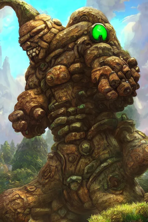 Image similar to zelda fantasy art giant golem troll wood rock greeble gemstone, global illumination ray tracing hdr fanart arstation by sung choi and eric pfeiffer and gabriel garza and casper konefal