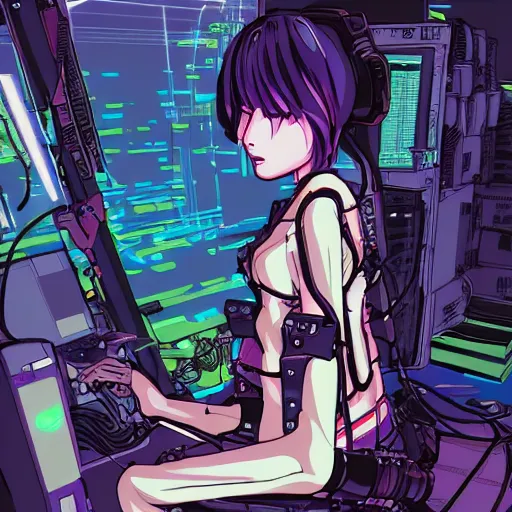 Prompt: a cyberpunk anime style illustration of an android girl seen from behind, seated on the floor in a tech labor with her back open showing a complex mess of cables and wires, by masamune shirow and katsushiro otomo, studio ghibli color scheme
