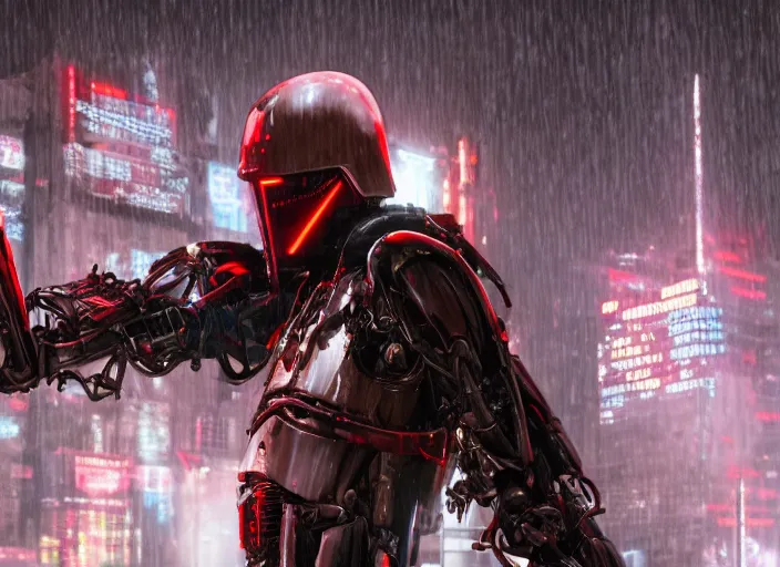 Image similar to 3 5 mm portrait photo of general grievous with heavy duty biomechanical cybernetic body with 4 arms holding 4 activated red lightsabers in the city in the rain. cyberpunk horror style.