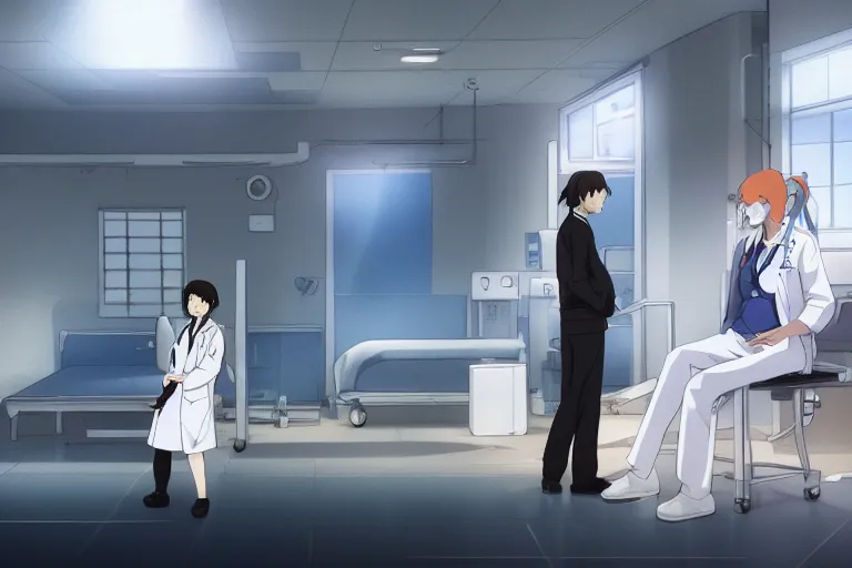 Image similar to a cute young female doctor wearing white coat are talking with an old surgeon in a hospital, lighting, anime scenery by Makoto shinkai