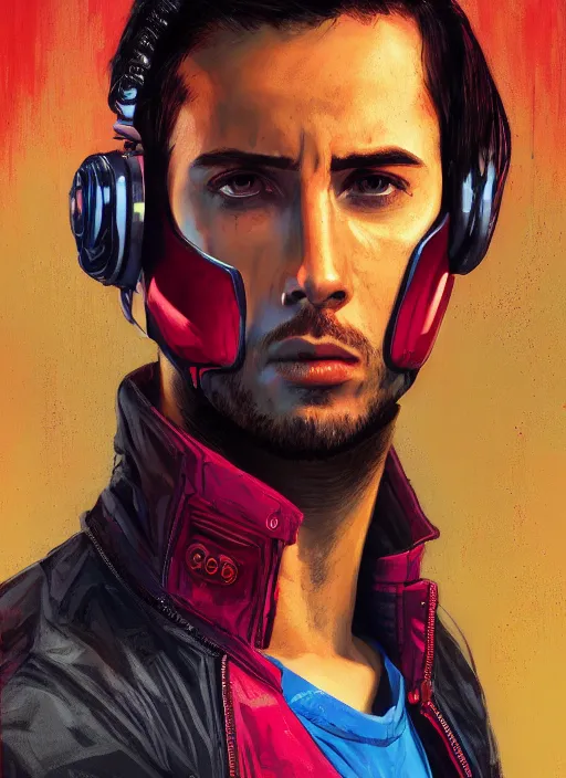 Prompt: ezra. cyberpunk character wearing jumpsuit and red jacket and cyberpunk headset. ( blade runner 2 0 4 9, dystopian, cyberpunk 2 0 7 7 character design ). attractive face. portrait by james gurney and laurie greasley, oil on canvas. cinematic, hyper realism, realistic proportions, full view, dramatic lighting, high detail 4 k