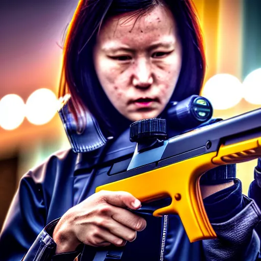 Image similar to photographic portrait of a techwear woman holding a shotgun, closeup, on the rooftop of a futuristic city at night, sigma 85mm f/1.4, 4k, depth of field, high resolution, 4k, 8k, hd, full color, Die Hard, movies with guns, movie firearms, face closeups