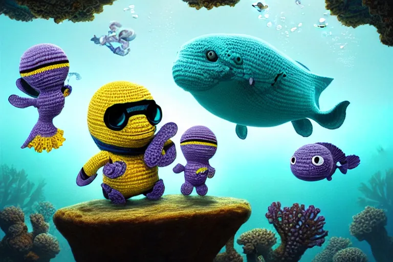 Image similar to an expedition of crochet scuba divers discovering a new animal underwater. cute, illustration, digital art, inspired by little big planet, by greg rutkowski, sharp, masterpiece, highly detailed, photorealistic, octane render, 8 k, unreal engine 5, trending on artstation, vivid colors