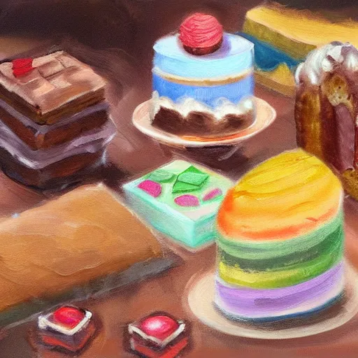 Prompt: concept art oil painting of fancy deserts, cakes, candies, and confections