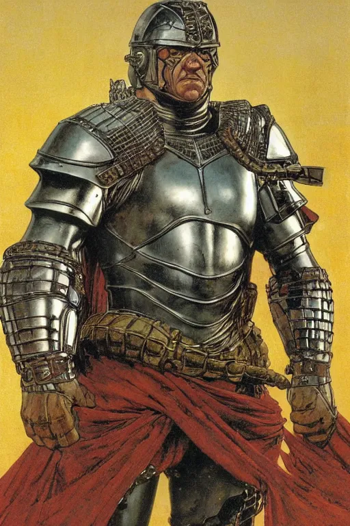 Image similar to head and torso portrait of jocko willink as huge armoured warrior wearing a cape in the style of marvel's jack kirby, dynamic action, by lawrence alma tadema and zdzislaw beksinski and norman rockwell and tom lovell and greg staples and john william waterhouse