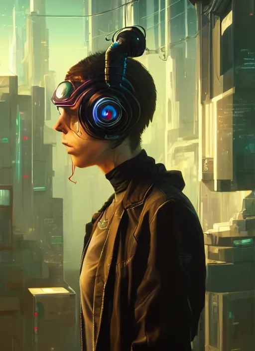 Image similar to highly detailed portrait of a cyberpunk sci - fi hacker, stephen bliss, unreal engine, greg rutkowski, loish, rhads, beeple, makoto shinkai and lois van baarle, ilya kuvshinov, rossdraws, tom bagshaw, alphonse mucha, global illumination, detailed and intricate environment