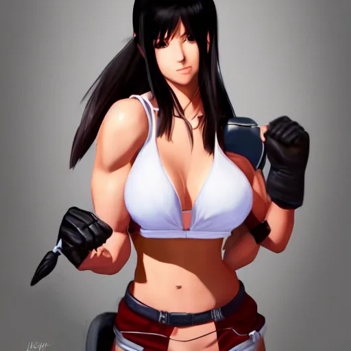 Image similar to high quality art of tifa lockhart with muscled abs, trending on artstation