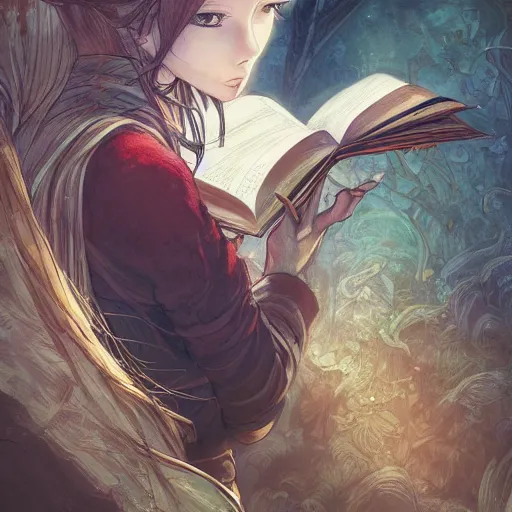 Prompt: a girl reading a book, hair flowing down, color page, 4 k, tone mapping, akihiko yoshida, james jean, andrei riabovitchev, marc _ simonetti, yoshitaka amano, digital illustration