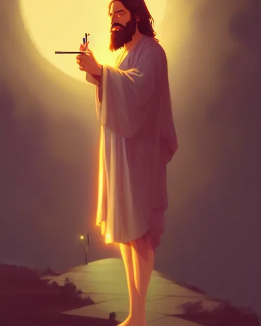 Image similar to highly detailed vfx portrait of jesus smoking a cigarette under a street light, unreal engine, greg rutkowski, loish, rhads, beeple, makoto shinkai and lois van baarle, ilya kuvshinov, rossdraws, tom bagshaw, alphonse mucha, global illumination, detailed and intricate environment