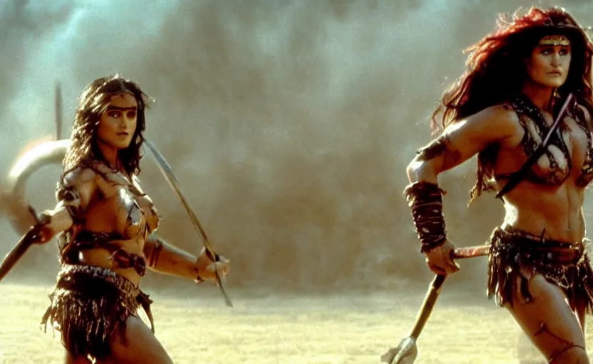 Prompt: epic photo of muscular salma hayek as beautiful barbarian warrior princess in a battle scene, sweaty, detailed eyes, neutral expression, shallow depth of field, photorealistic, cinematic lighting, lovely bokeh, warm colours, dusk, movie quality, conan the destroyer 1 9 8 5