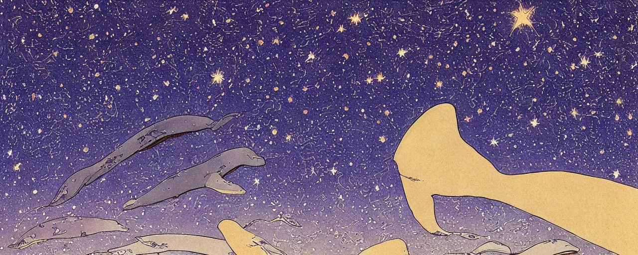 Image similar to ” big beautiful whales swimming in the shining starry sky painted by moebius. ”