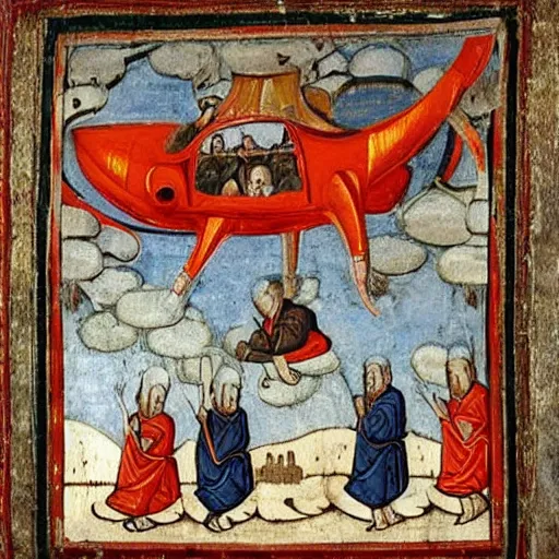 Image similar to flying car in medieval religious art monks and nuns