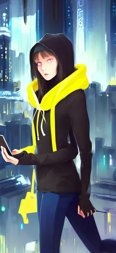 Image similar to a vtuber model concept art of a beautiful girl in a black and yellow hoodie looking on a smartphone in her hand, blue eyes, long hair, full body art, futuristic city background, artstation, digital art, commission art, style by jordan grimmer and greg rutkowski, 4 k resolution