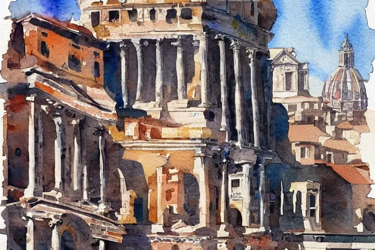 Prompt: !! watercolor!! rome in a sunny day, artwork by tooth wu, colorful contrast,!! very coherent!!, dark shadow, thick lineart