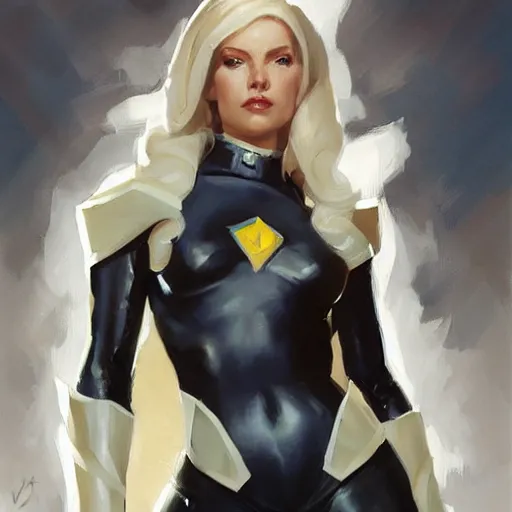 Image similar to Greg Manchess portrait painting of Emma Frost as Overwatch character, medium shot, asymmetrical, profile picture, Organic Painting, sunny day, Matte Painting, bold shapes, hard edges, street art, trending on artstation, by Huang Guangjian and Gil Elvgren and Sachin Teng