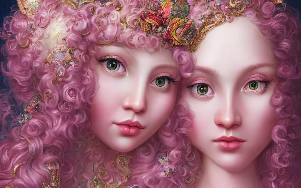 Prompt: a portrait a divine feminine goddess, rosey cheeks, sparkles on eyelids, long pink hair highly detailed, ultra realistic digital painting, rococo, artstation, concept art, pop, smooth, sharp focus, illustration, art by mark ryden and lisa frank 3 d 8 k ultra detailed