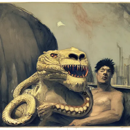 Image similar to neck neck eyes fangs serpent serpent python wearing a lion lion costume neck tall long snake viper j.m.w. turner greg rutkowski giorgio de chirico william merritt chase ralph steadman arsen savadov dan witz uta natsume aquatint