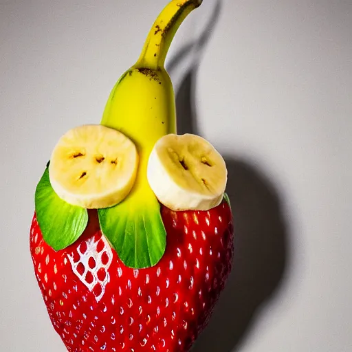 Prompt: strawberry shaped like a banana, fruit photography