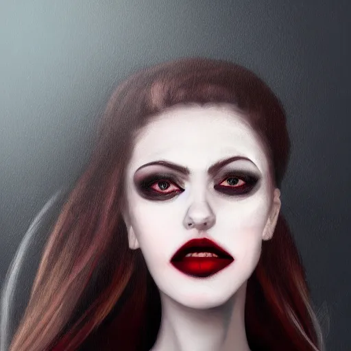 Image similar to a realistic head and shoulder professional portrait of a female vampire, painted, interesting color use, vampire fashion, highly detailed, melancholy, vampire teeth